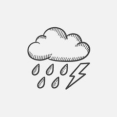 Image showing Cloud with rain and lightning bolt sketch icon.