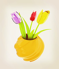 Image showing Tulips with leaf in vase. 3D illustration. Vintage style.