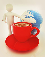 Image showing 3d people - man, person presenting - Mug of coffee with milk. Gl