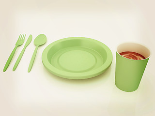 Image showing Fast-food disposable tableware. 3D illustration. Vintage style.