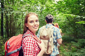 Image showing group of smiling friends with backpacks hiking