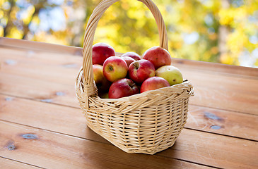 Image showing close up of basket with apples on wooden table