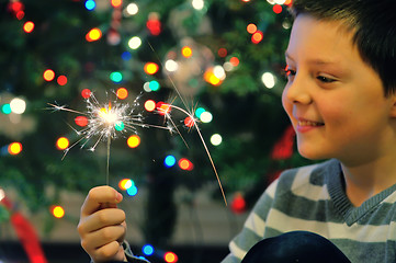 Image showing Young boy holding  sparkler 