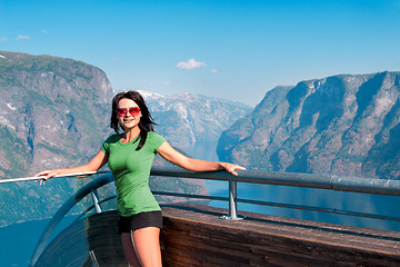 Image showing Woman enjoying scenics from Stegastein Viewpoint