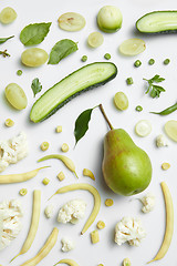 Image showing still life of fresh green vegetables and fruits