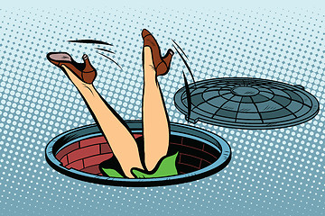 Image showing Retro woman fell into a manhole of the city sewer