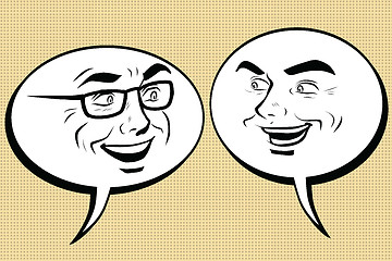 Image showing Two happy men talking. Comic bubble smiley face