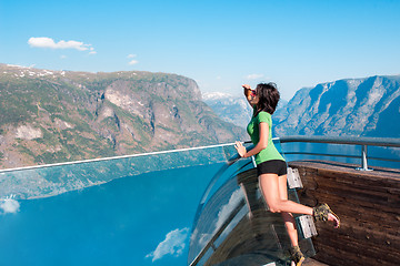 Image showing Woman enjoying scenics from Stegastein Viewpoint