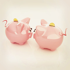 Image showing Piggy bank with gold coin on white. 3D illustration. Vintage sty