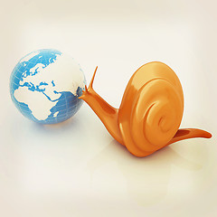 Image showing 3d fantasy animal, snail and earth on white background . 3D illu