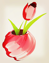 Image showing Tulips with leaf in vase. 3D illustration. Vintage style.