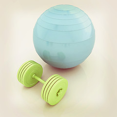 Image showing Fitness ball and dumbell. 3D illustration. Vintage style.