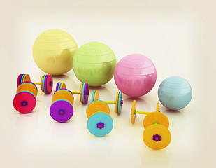 Image showing Fitness ball and dumbell. 3D illustration. Vintage style.