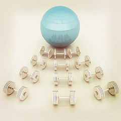 Image showing Fitness ball and dumbell. 3D illustration. Vintage style.