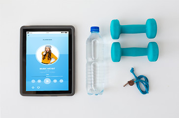 Image showing tablet pc, dumbbells, whistle and water bottle