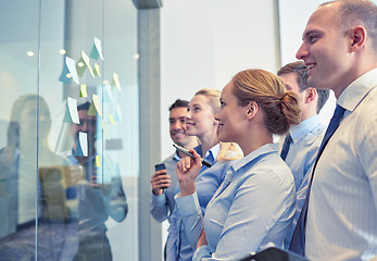 Image showing smiling business people with marker and stickers