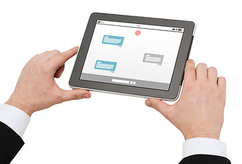 Image showing close up of hands holding tablet pc with messenger