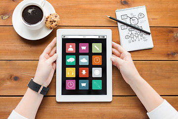 Image showing close up of woman with tablet pc on wooden table