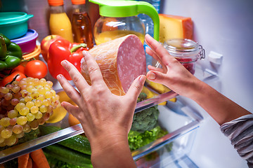 Image showing Human hands reaching for food at night in the open refrigerator