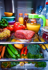 Image showing Fresh raw meat on a shelf open refrigerator