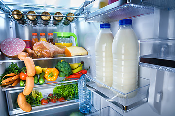 Image showing Open refrigerator filled with food