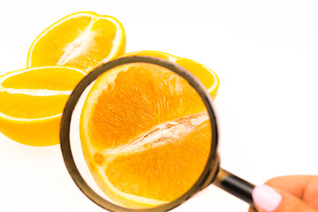 Image showing Orange and a magnifying glass on  white background