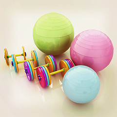 Image showing Fitness ball and dumbell. 3D illustration. Vintage style.