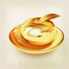 Image showing Gold apple on a plate. 3D illustration. Vintage style.