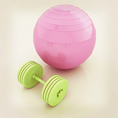 Image showing Fitness ball and dumbell. 3D illustration. Vintage style.