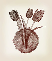 Image showing Tulips with leaf in vase. 3D illustration. Vintage style.