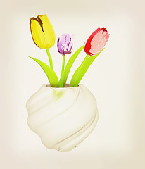 Image showing Tulips with leaf in vase. 3D illustration. Vintage style.