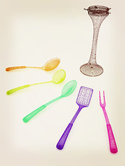 Image showing cutlery. 3D illustration. Vintage style.