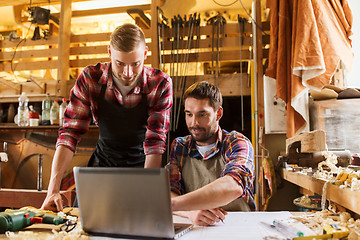 Image showing carpenters with laptop and blueprint at workshop