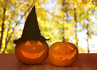 Image showing close up of pumpkins on table outdoors