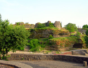 Image showing ancient structures fortress  Moraca River bank Podgorica Montene