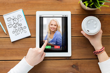 Image showing close up of woman with tablet pc on wooden table