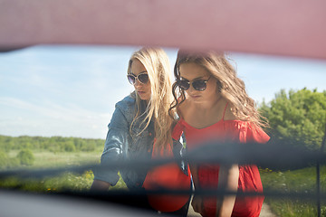 Image showing women with open hood of broken car at countryside