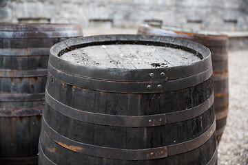 Image showing close up of old wooden barrel outdoors