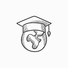 Image showing Globe in graduation cap sketch icon.