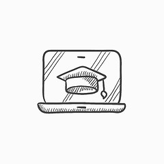 Image showing Laptop with graduation cap on screen sketch icon.