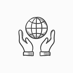 Image showing Two hands holding globe sketch icon.