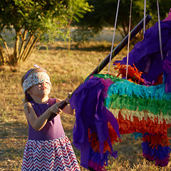 Image showing Young girl at an outdoor party hitting a pinata