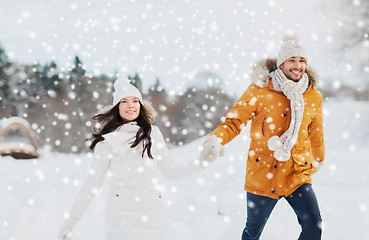 Image showing happy couple walking over winter background