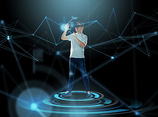 Image showing happy man in virtual reality headset or 3d glasses