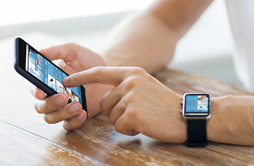 Image showing close up of hands with smart phone and watch