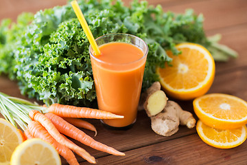 Image showing glass of carrot juice, fruits and vegetables