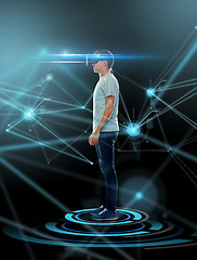 Image showing happy man in virtual reality headset or 3d glasses