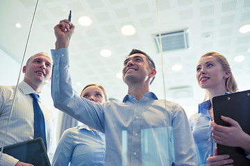 Image showing smiling business people with marker and stickers