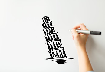 Image showing hand drawing leaning tower of pisa on white board