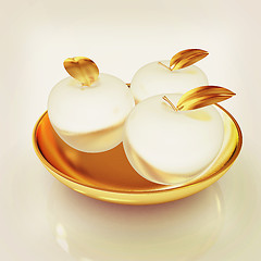 Image showing Metall apples on a plate. 3D illustration. Vintage style.